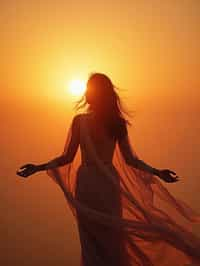 a spiritual seeker woman standing with outstretched armsat sunrise