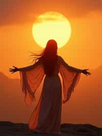 a spiritual seeker woman standing with outstretched armsat sunrise