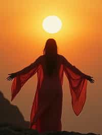 a spiritual seeker woman standing with outstretched armsat sunrise