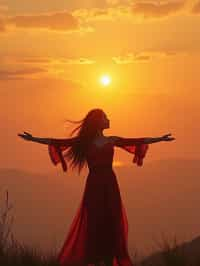 a spiritual seeker woman standing with outstretched armsat sunrise