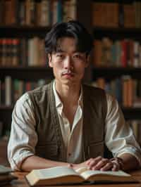 man surrounded by books or sacred texts