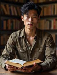 man surrounded by books or sacred texts