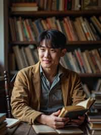 man surrounded by books or sacred texts