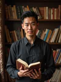 man surrounded by books or sacred texts