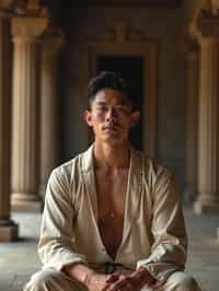 man in a serene temple or sacred space