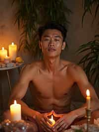 man in a serene indoor space, surrounded by candles, crystals, and sacred symbols