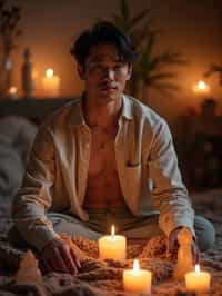 man in a serene indoor space, surrounded by candles, crystals, and sacred symbols