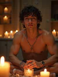 man in a serene indoor space, surrounded by candles, crystals, and sacred symbols