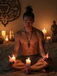 man in a serene indoor space, surrounded by candles, crystals, and sacred symbols