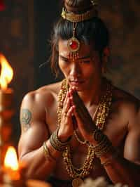 man engaged in a sacred ritual or ceremony, adorned with symbolic attire