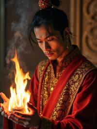 man engaged in a sacred ritual or ceremony, adorned with symbolic attire