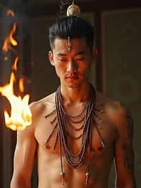 man engaged in a sacred ritual or ceremony, adorned with symbolic attire