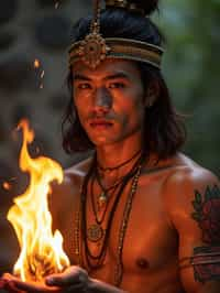 man engaged in a sacred ritual or ceremony, adorned with symbolic attire