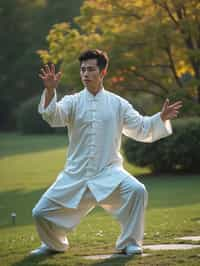 man practicing Tai Chi in a serene garden