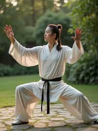 man practicing Tai Chi in a serene garden