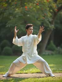 man practicing Tai Chi in a serene garden