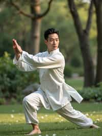 man practicing Tai Chi in a serene garden