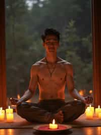 man practicing mindfulness surrounded by candles or incense