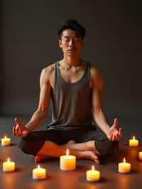 man practicing mindfulness surrounded by candles or incense