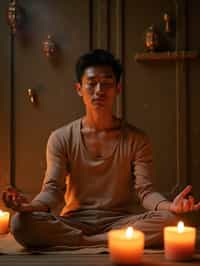 man practicing mindfulness surrounded by candles or incense