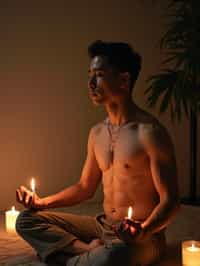 man practicing mindfulness surrounded by candles or incense