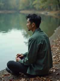 man in deep contemplation, sitting by a tranquil lake