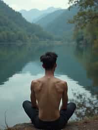 man in deep contemplation, sitting by a tranquil lake