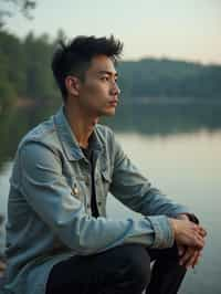 man in deep contemplation, sitting by a tranquil lake