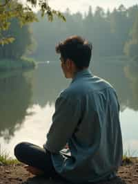 man in deep contemplation, sitting by a tranquil lake