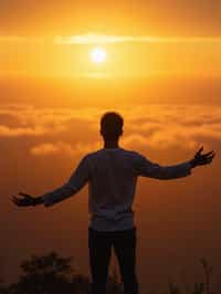 a spiritual seeker man standing with outstretched armsat sunrise