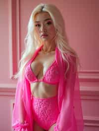 full body shot of sexy woman dressed up in full hot pink with Barbie clothes platinum blonde hair, hot pink style