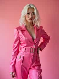 full body shot of sexy woman dressed up in full hot pink with Barbie clothes platinum blonde hair, hot pink style