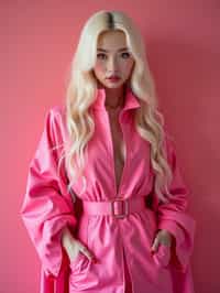 full body shot of sexy woman dressed up in full hot pink with Barbie clothes platinum blonde hair, hot pink style