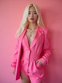 full body shot of sexy woman dressed up in full hot pink with Barbie clothes platinum blonde hair, hot pink style