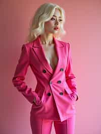 full body shot of sexy woman dressed up in full hot pink with Barbie clothes platinum blonde hair, hot pink style