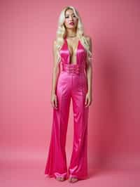 full body shot of sexy woman dressed up in full hot pink with Barbie clothes platinum blonde hair, hot pink style