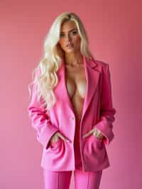 full body shot of sexy woman dressed up in full hot pink with Barbie clothes platinum blonde hair, hot pink style