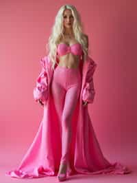 full body shot of sexy woman dressed up in full hot pink with Barbie clothes platinum blonde hair, hot pink style