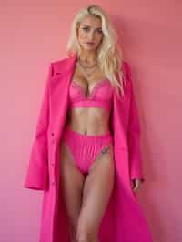 full body shot of sexy woman dressed up in full hot pink with Barbie clothes platinum blonde hair, hot pink style