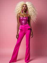 full body shot of sexy woman dressed up in full hot pink with Barbie clothes platinum blonde hair, hot pink style