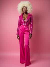 full body shot of sexy woman dressed up in full hot pink with Barbie clothes platinum blonde hair, hot pink style