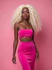 full body shot of sexy woman dressed up in full hot pink with Barbie clothes platinum blonde hair, hot pink style