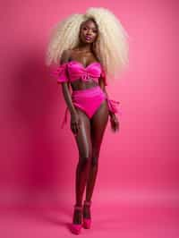 full body shot of sexy woman dressed up in full hot pink with Barbie clothes platinum blonde hair, hot pink style