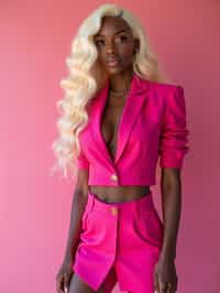 full body shot of sexy woman dressed up in full hot pink with Barbie clothes platinum blonde hair, hot pink style