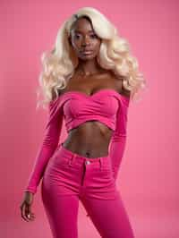 full body shot of sexy woman dressed up in full hot pink with Barbie clothes platinum blonde hair, hot pink style