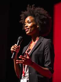 TedX speaker woman holding microphone with lanyard around his neck