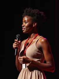 TedX speaker woman holding microphone with lanyard around his neck