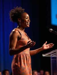 woman as a conference keynote speaker standing on stage at a conference