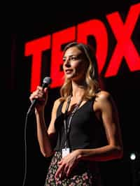 TedX speaker woman holding microphone with lanyard around his neck