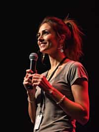 TedX speaker woman holding microphone with lanyard around his neck